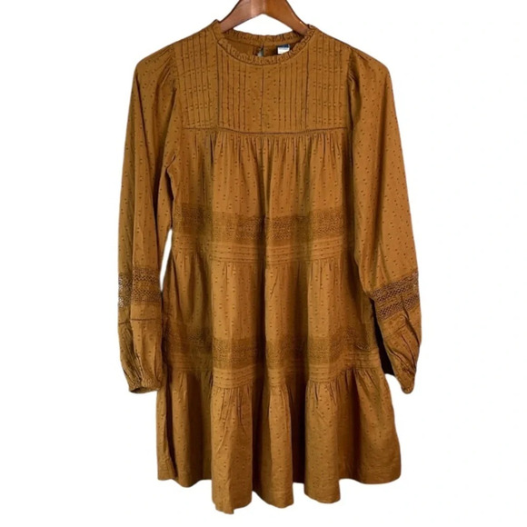 OLD NAVY Long Sleeve Pintucked ClipDot Mini Swing Dress Sisal Brown Lace Tier XS - Picture 2 of 12